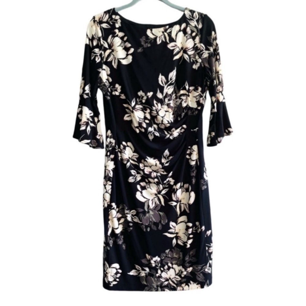 Anne Klein Bell Sleeve Floral Dress Ruched Jersey Sheath Black Gray Size 10 - Picture 8 of 11